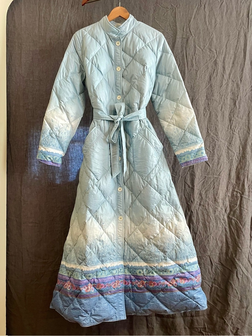 Vintage 70s Eddie Bauer Goose Down Floor-Length Quilted Coat Pastel Blue